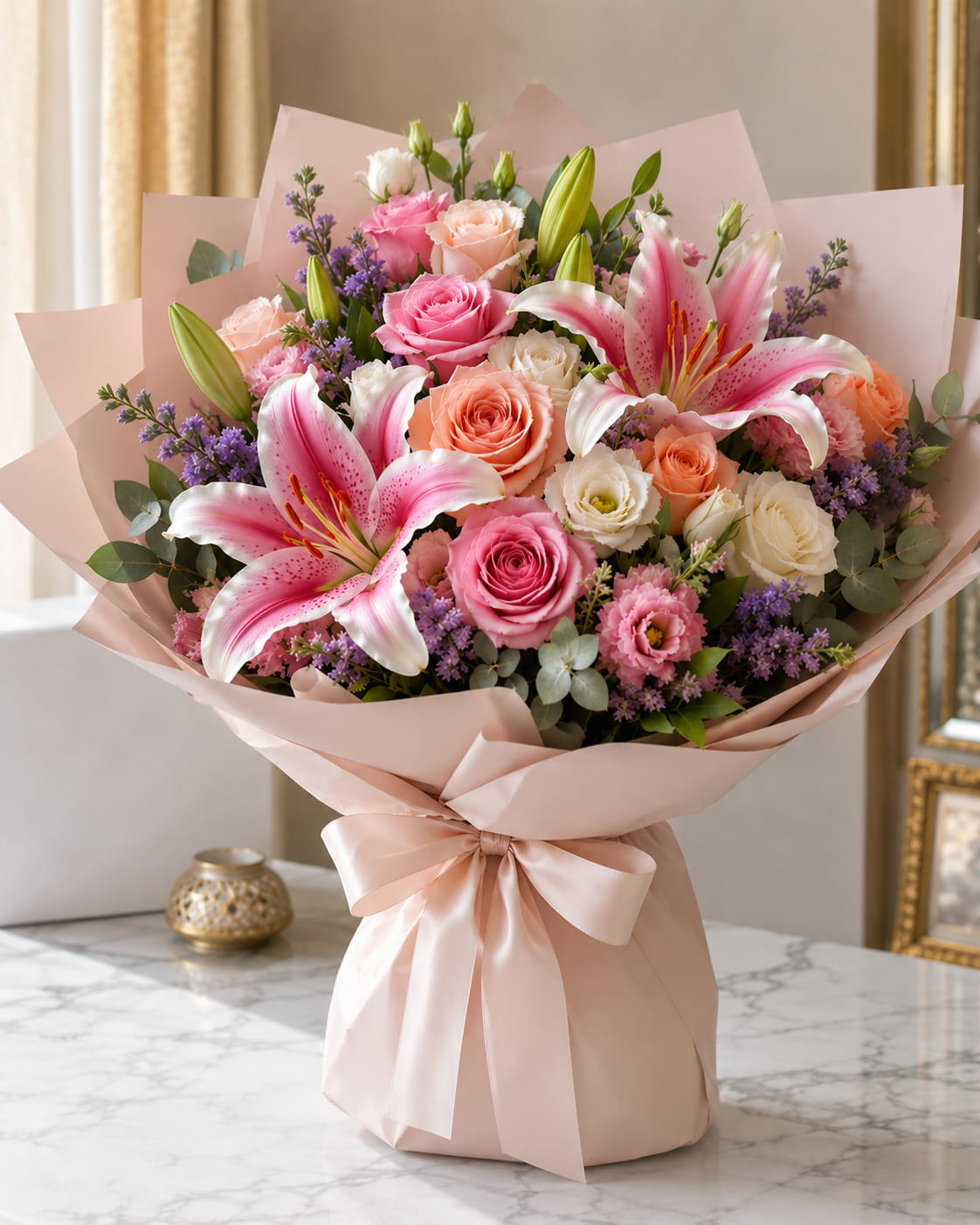 Birthday bouquet with roses and lilies delivered in Marrakech