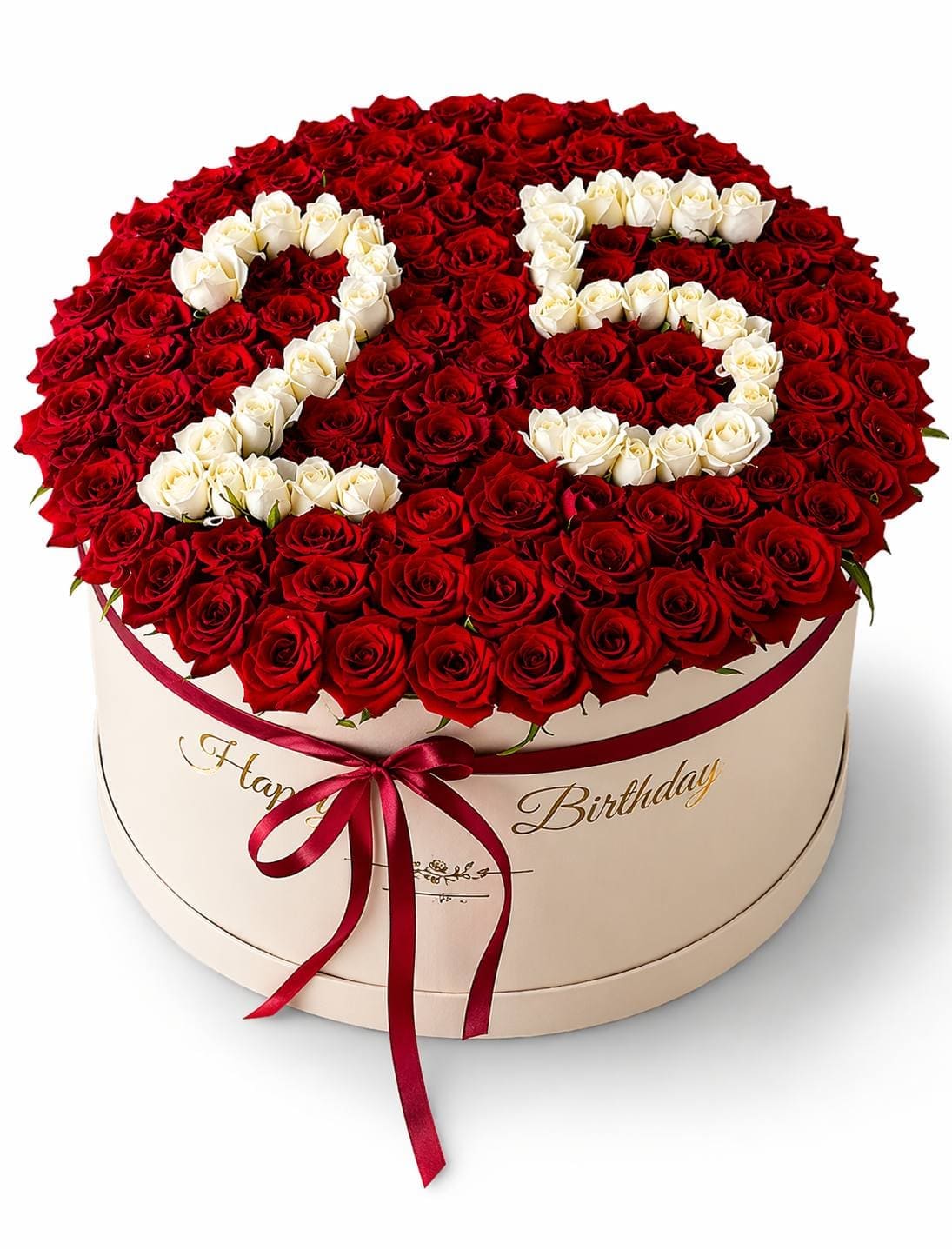 Round box of red roses with the number 25 written in white roses, birthday delivery Marrakech