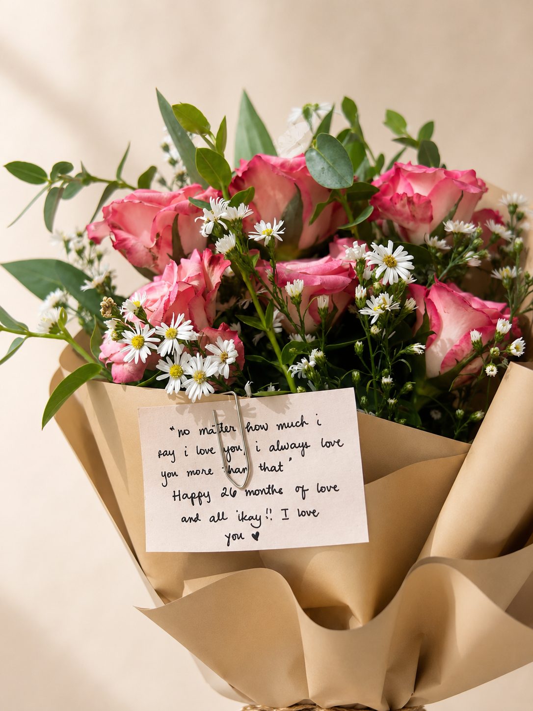 Romantic bouquet with a handwritten note card, ready for delivery in Marrakech