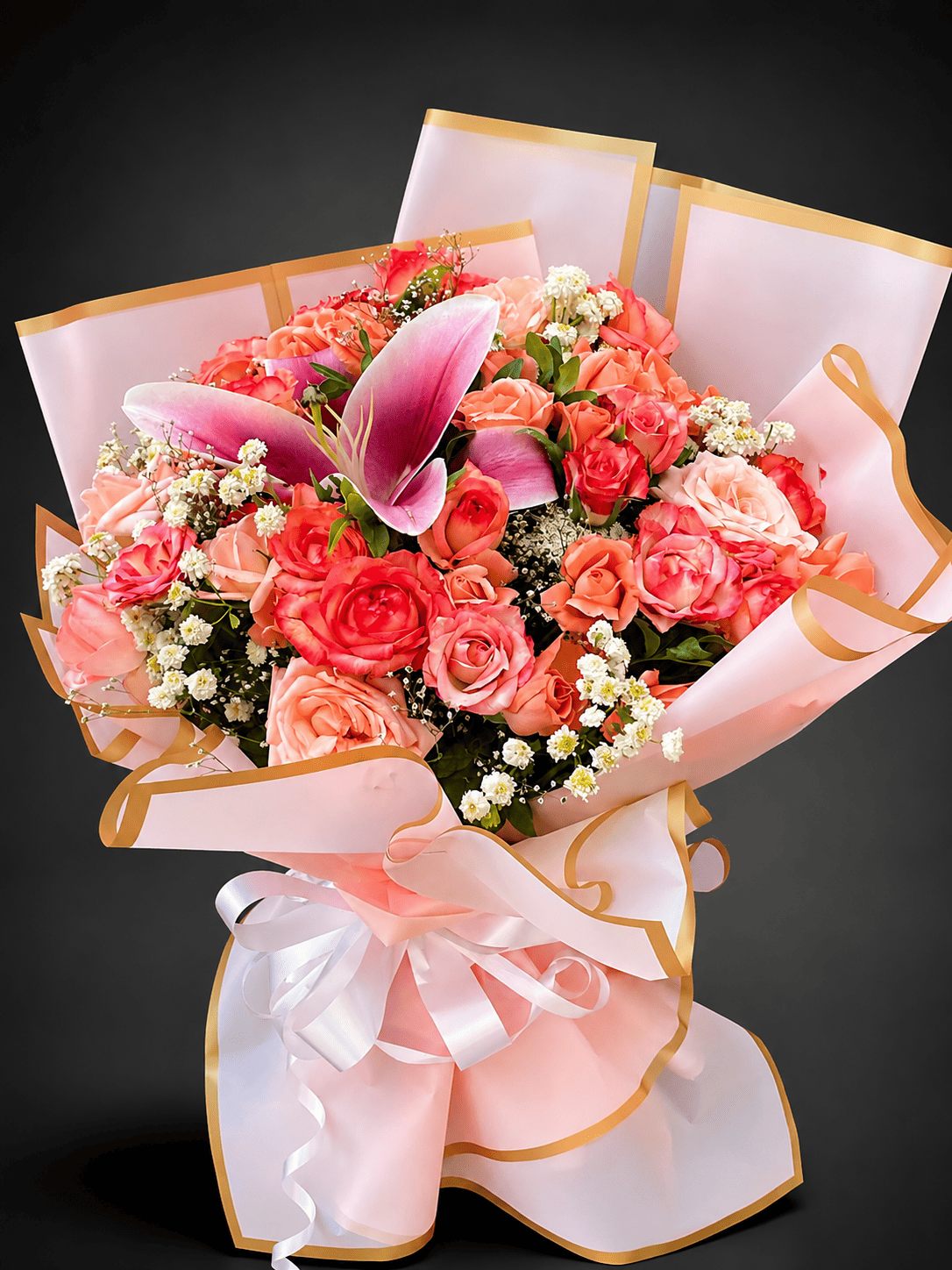 Coral roses and stargazer lily bouquet in blush wrapping, flower delivery Marrakech