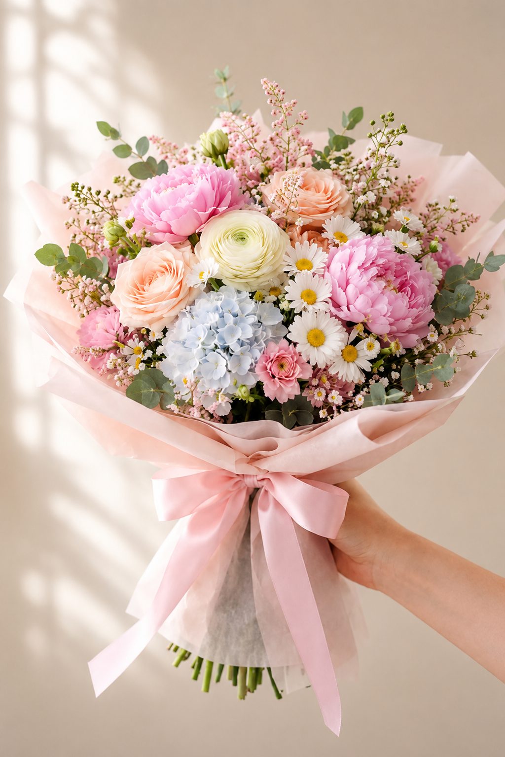Pastel bouquet of peonies, ranunculus and blue hydrangea for flower delivery in Marrakech