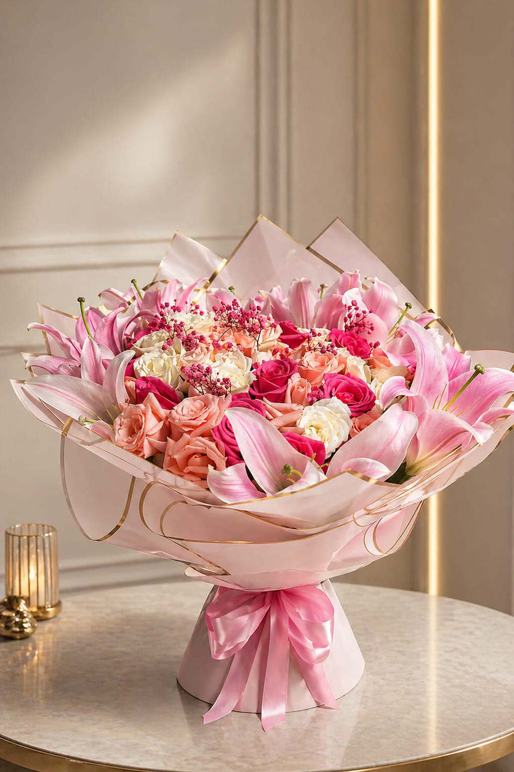 Pink lilies with cream and fuchsia roses in satin wrap, bouquet delivery Marrakech