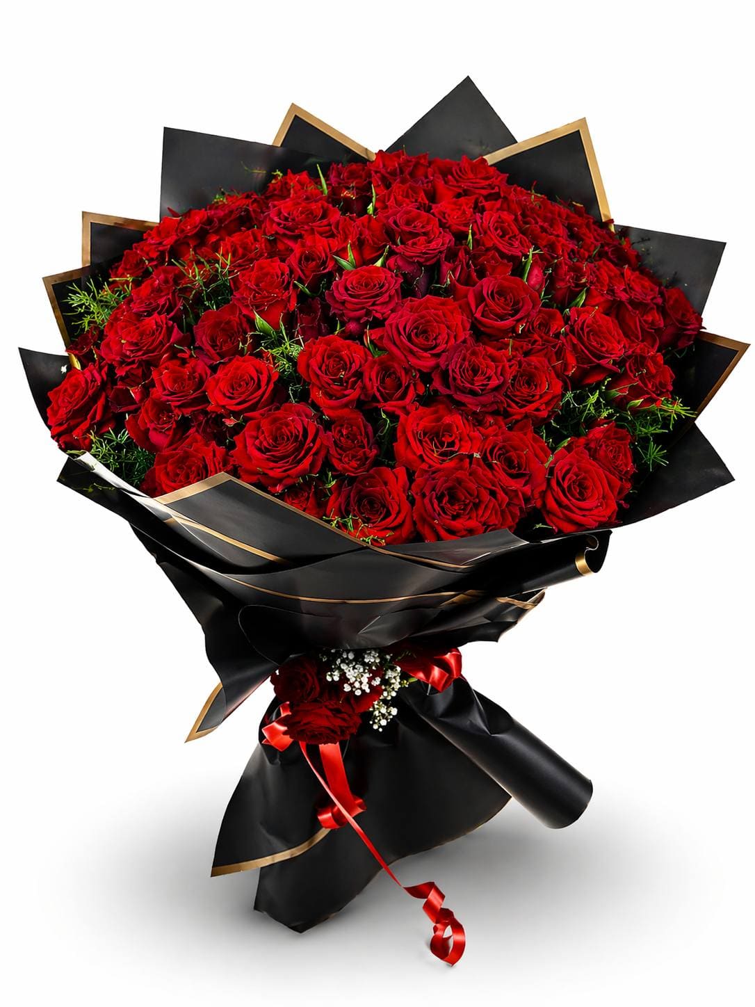 Premium red rose bouquet in black and gold wrapping paper, delivered in Marrakech