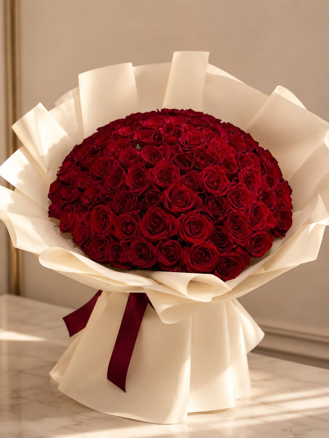Romantic red rose bouquet with baby's breath for delivery in Marrakech, Morocco