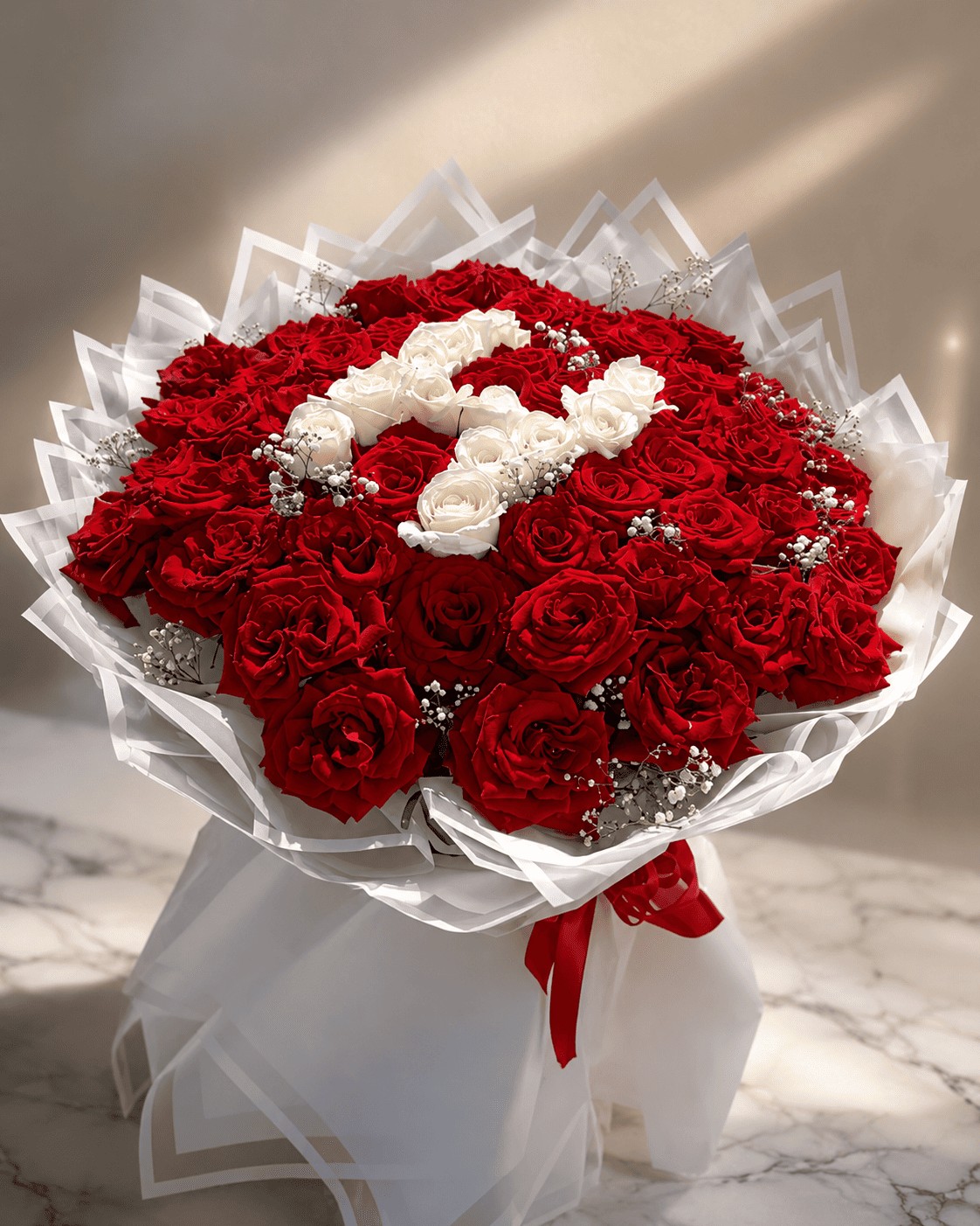 Luxury red and white rose bouquet for delivery in Guéliz, Marrakech