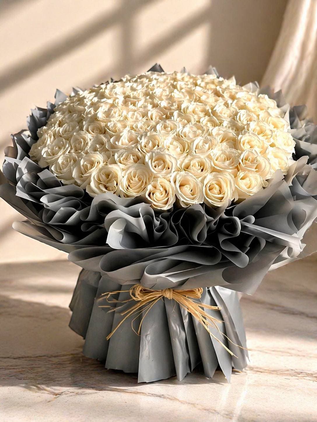 Large ivory white rose bouquet in grey wrapping, luxury flower delivery in Marrakech